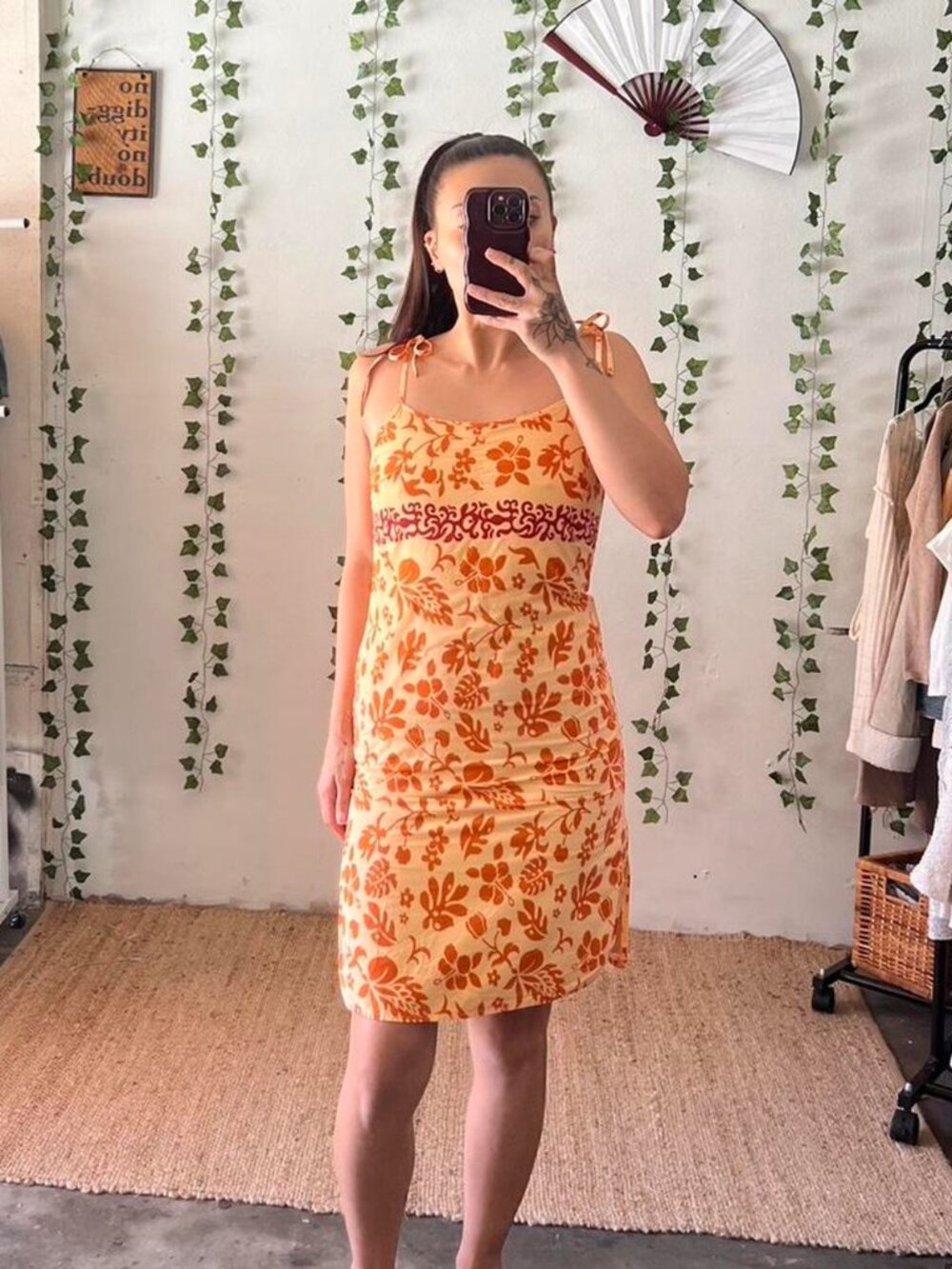 Vintage 90s American Eagle Orange Floral Midi Dress – Size 2